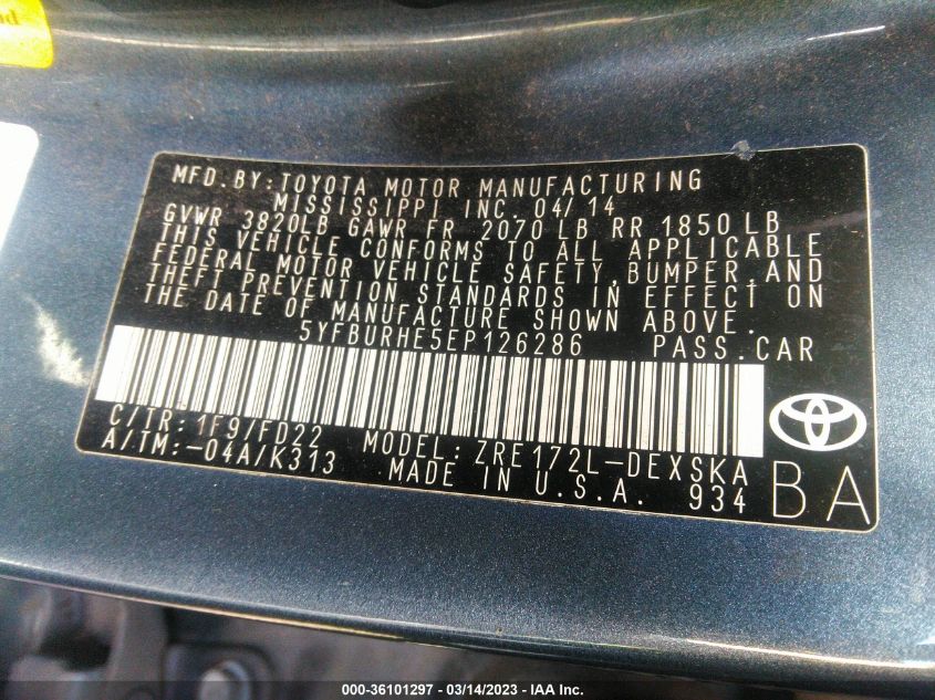2014 TOYOTA COROLLA L/LE/S/S PLUS/LE PLUS - 5YFBURHE5EP126286