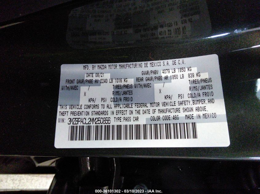 2021 MAZDA MAZDA3 SEDAN PREFERRED 3MZBPACL2MM250856