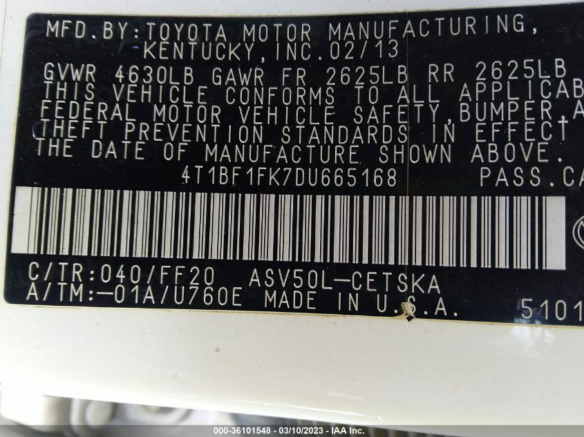 2013 TOYOTA CAMRY L/LE/SE/XLE - 4T1BF1FK7DU665168