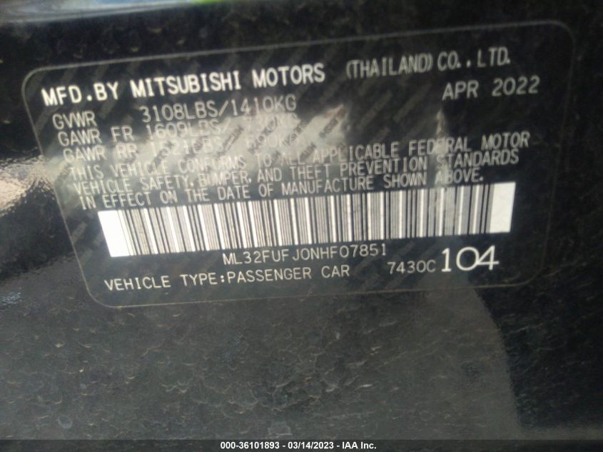 2022 MITSUBISHI MIRAGE G4 ES/LE/BLACK EDITION - ML32FUFJ0NHF07851