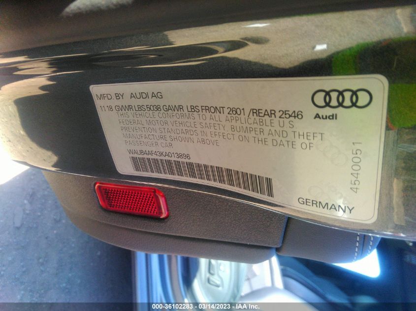 2019 AUDI S4 PREMIUM PLUS WAUB4AF43KA013896