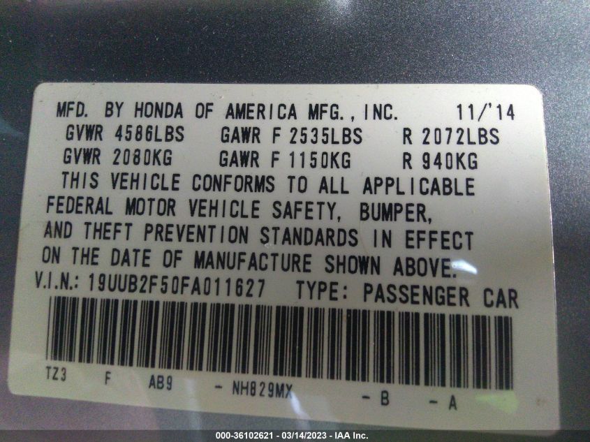 2015 ACURA TLX V6 TECH 19UUB2F50FA011627
