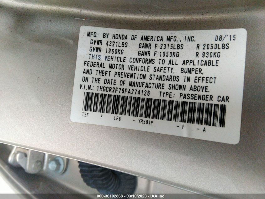 2015 HONDA ACCORD SEDAN EX - 1HGCR2F79FA274126