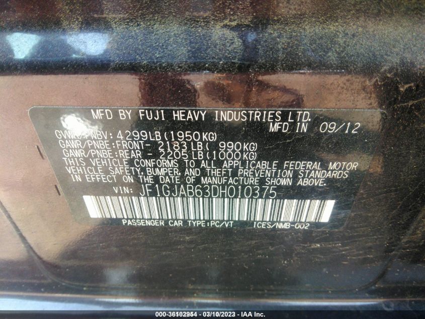 2013 SUBARU IMPREZA SEDAN PREMIUM - JF1GJAB63DH010375
