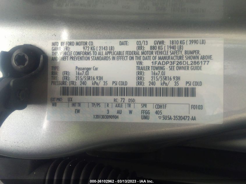 2013 FORD FOCUS SE - 1FADP3F26DL286177