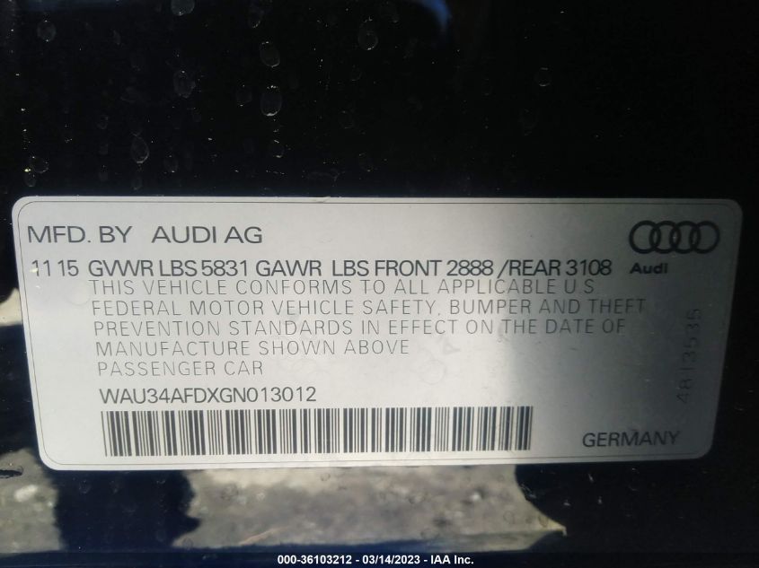 2016 AUDI A8 L 3.0T - WAU34AFDXGN013012