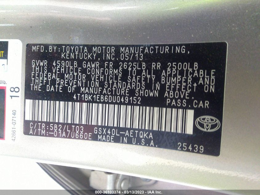 2013 TOYOTA AVALON XLE/LIMITED - 4T1BK1EB6DU049152