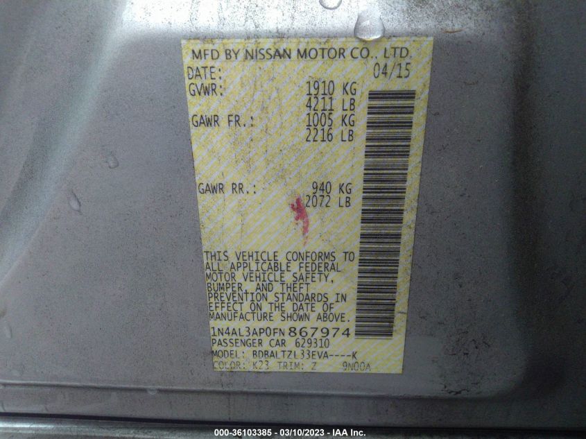 2015 NISSAN ALTIMA 2.5 SL - 1N4AL3AP0FN867974