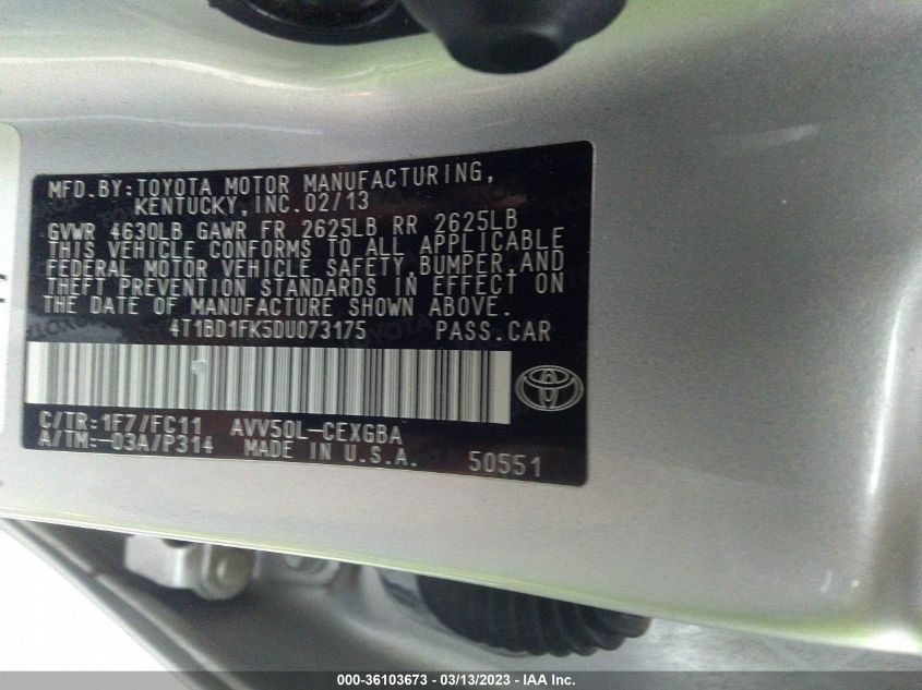 2013 TOYOTA CAMRY HYBRID LE/XLE - 4T1BD1FK5DU073175