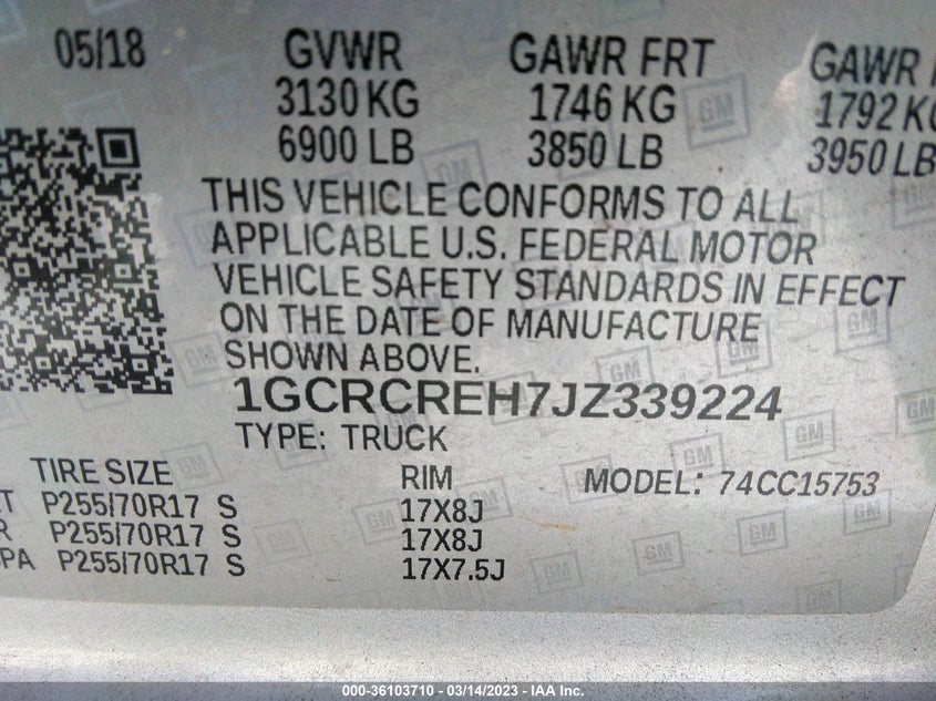 VIN 1GCRCREH7JZ339224 2018 CHEVROLET SILVERADO 1500 LT