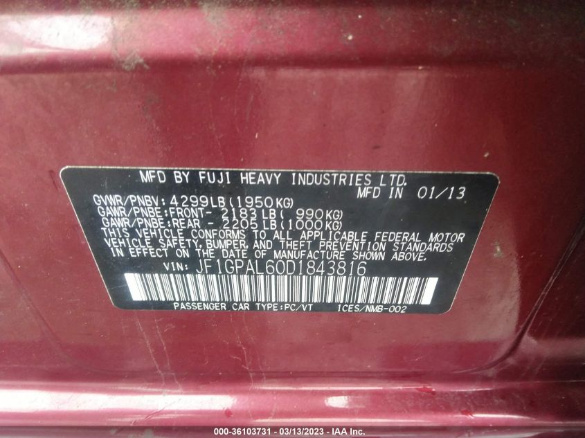 2013 SUBARU IMPREZA WAGON 2.0I SPORT PREMIUM - JF1GPAL60D1843816