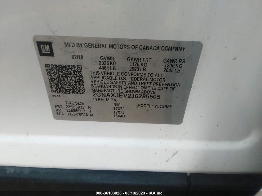 2018 CHEVROLET EQUINOX LT - 2GNAXJEV2J6285505