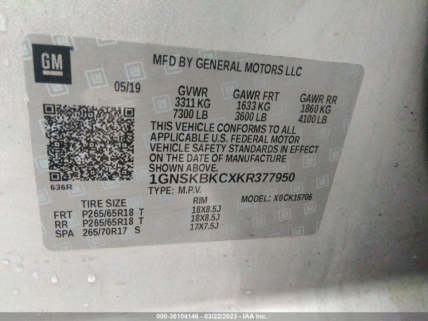 2019 CHEVROLET TAHOE LT - 1GNSKBKCXKR377950