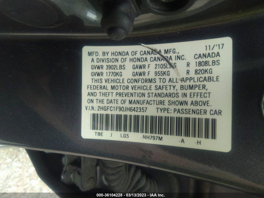 2018 HONDA CIVIC SEDAN TOURING - 2HGFC1F90JH642357