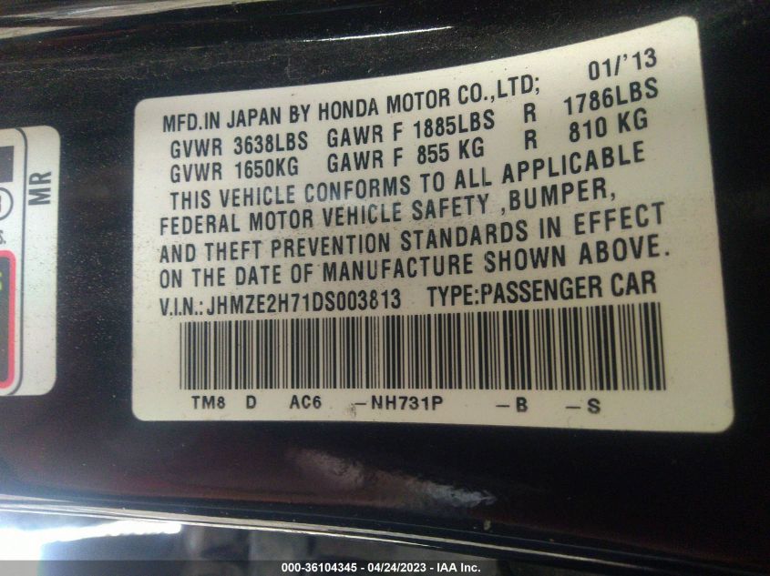 2013 HONDA INSIGHT EX - JHMZE2H71DS003813