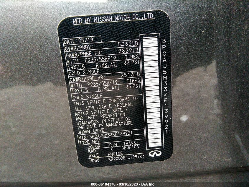 2019 INFINITI QX50 LUXE 3PCAJ5M33KF139921