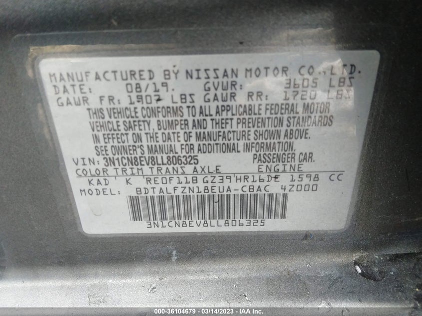 VIN 3N1CN8EV8LL806325 2020 NISSAN VERSA SV