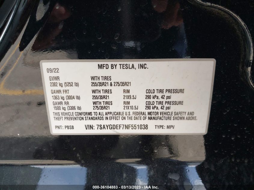2022 TESLA MODEL Y PERFORMANCE - 7SAYGDEF7NF551038