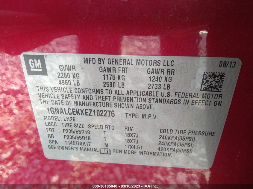 2014 CHEVROLET EQUINOX LT 1GNALCEKXEZ102276