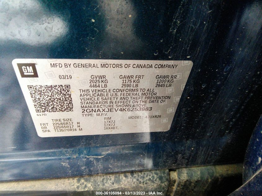 2019 CHEVROLET EQUINOX LT - 2GNAXJEV4K6253883