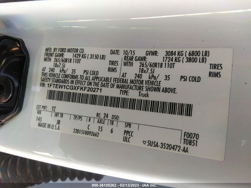 2015 FORD F-150 XL/LARIAT 1FTEW1CGXFKF20271