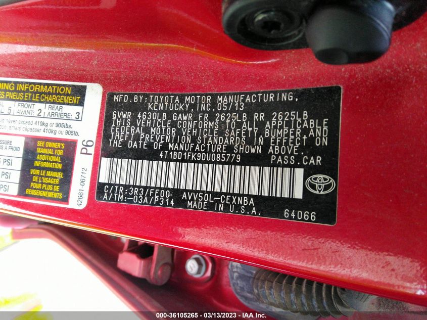 2013 TOYOTA CAMRY HYBRID LE/XLE - 4T1BD1FK9DU085779