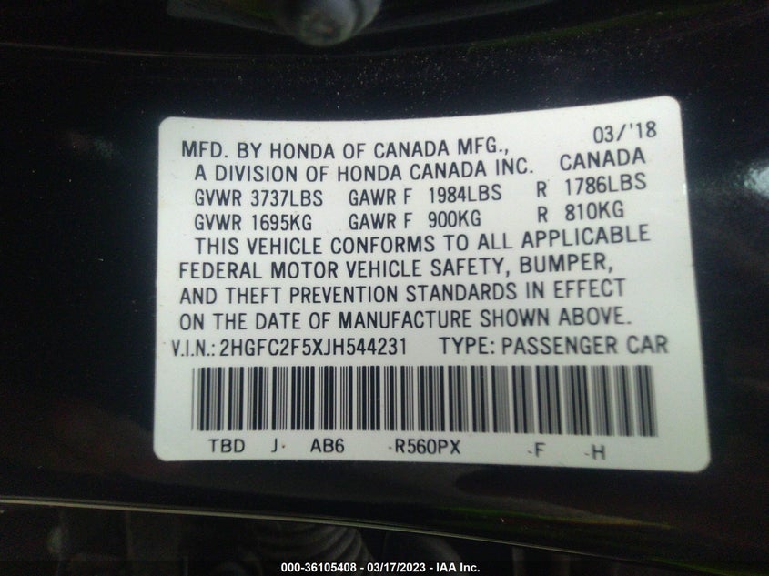 VIN 2HGFC2F5XJH544231 2018 HONDA CIVIC SEDAN LX