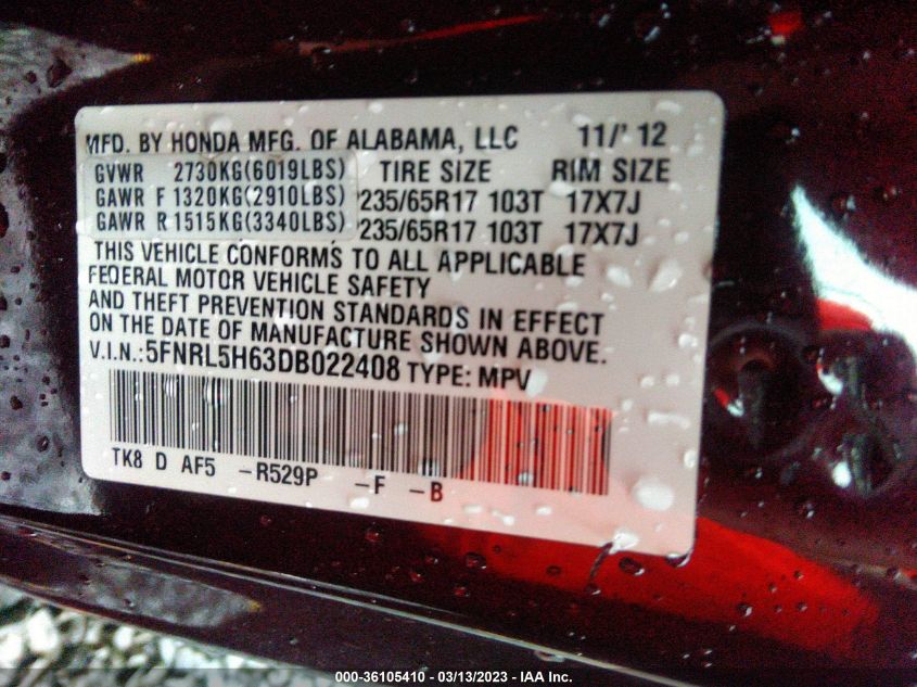 2013 HONDA ODYSSEY EX-L - 5FNRL5H63DB022408