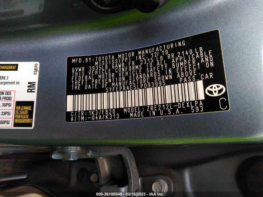 2020 TOYOTA COROLLA LE - 5YFEPRAE5LP093995