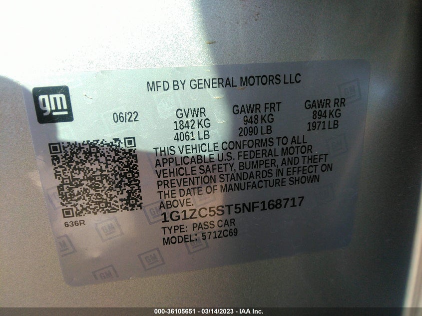 VIN 1G1ZC5ST5NF168717 2022 CHEVROLET MALIBU LS