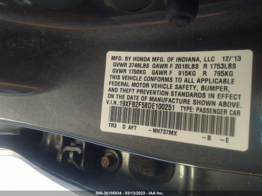2013 HONDA CIVIC SDN LX - 19XFB2F58DE100251