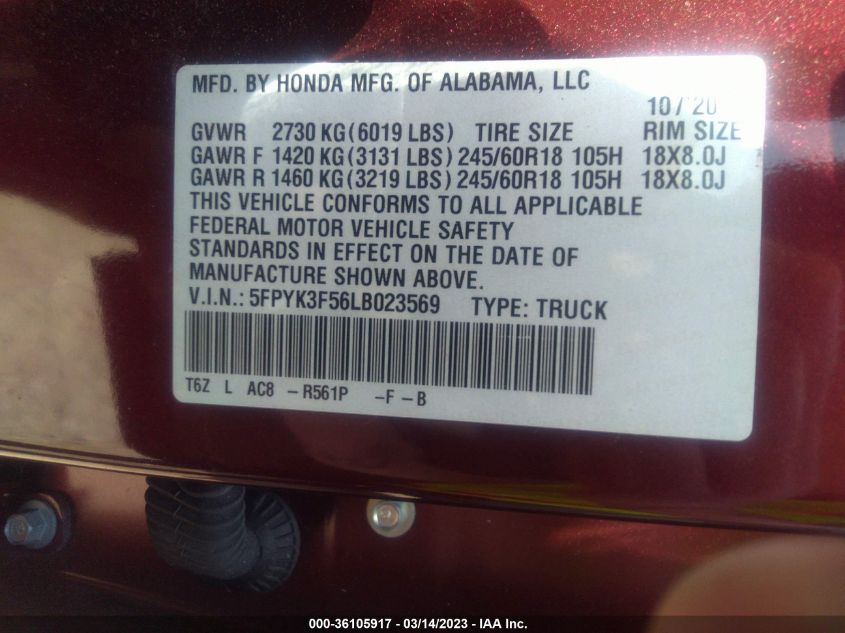 2020 HONDA RIDGELINE RTL - 5FPYK3F56LB023569