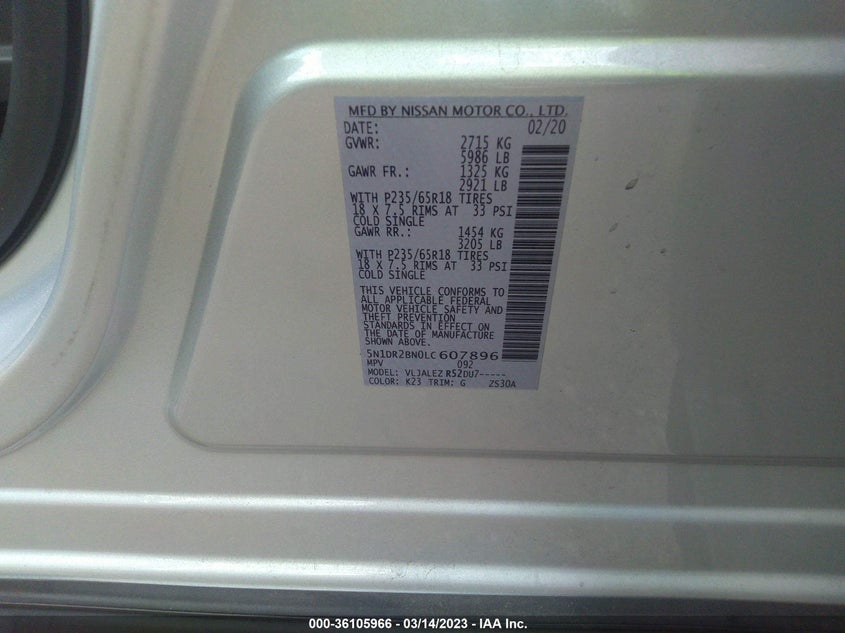 VIN 5N1DR2BN0LC607896 2020 NISSAN PATHFINDER SV