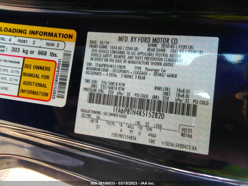 VIN 1FA6P8TH4K5152820 2019 FORD MUSTANG ECOBOOST