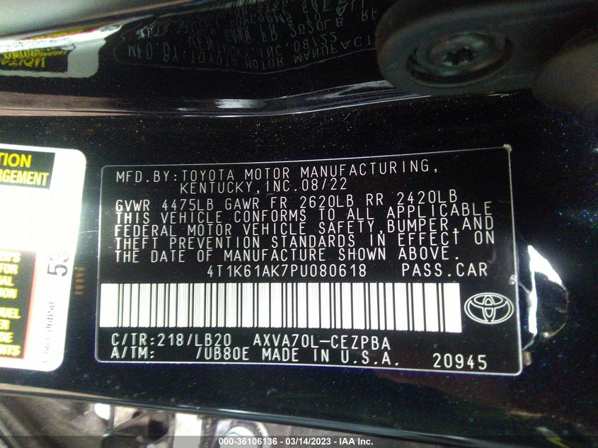 VIN 4T1K61AK7PU080618 2023 TOYOTA CAMRY XSE