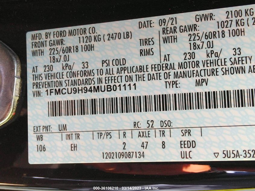 2021 FORD ESCAPE SEL - 1FMCU9H94MUB01111