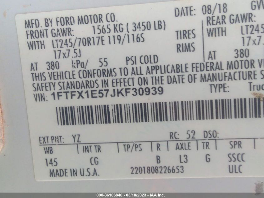 2018 FORD F-150 XL/XLT/LARIAT - 1FTFX1E57JKF30939