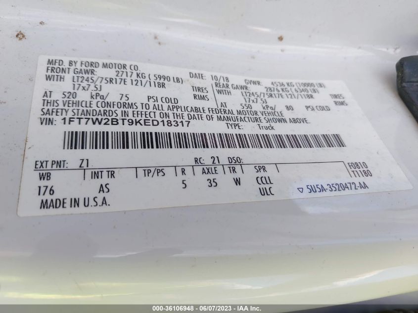 2019 FORD SUPER DUTY F-250 SRW XL/XLT/LARIAT - 1FT7W2BT9KED18317
