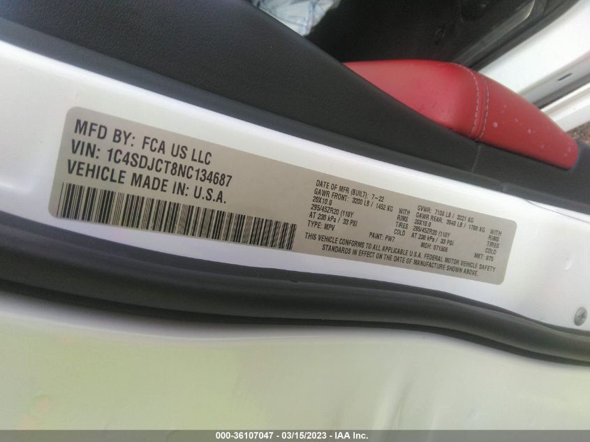 2022 DODGE DURANGO R/T PLUS - 1C4SDJCT8NC134687