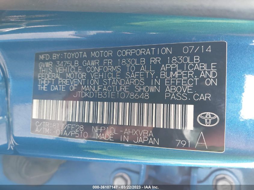 2014 TOYOTA PRIUS C ONE/THREE/TWO/FOUR - JTDKDTB31E1078648