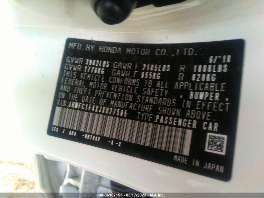 2018 HONDA CIVIC SEDAN EX-T - JHMFC1F4XJX027585