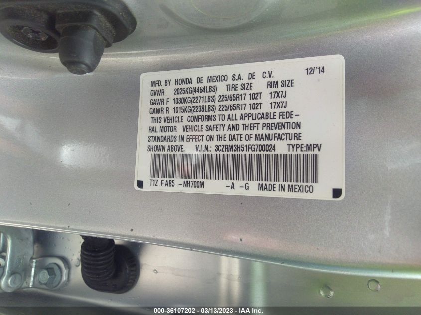 2015 HONDA CR-V EX - 3CZRM3H51FG700024