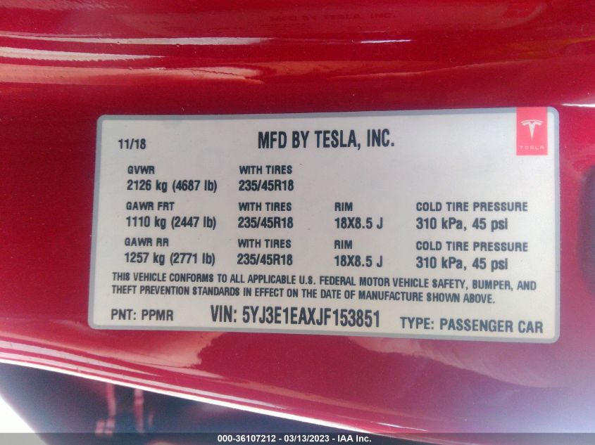 2018 TESLA MODEL 3 RANGE BATTERY - 5YJ3E1EAXJF153851