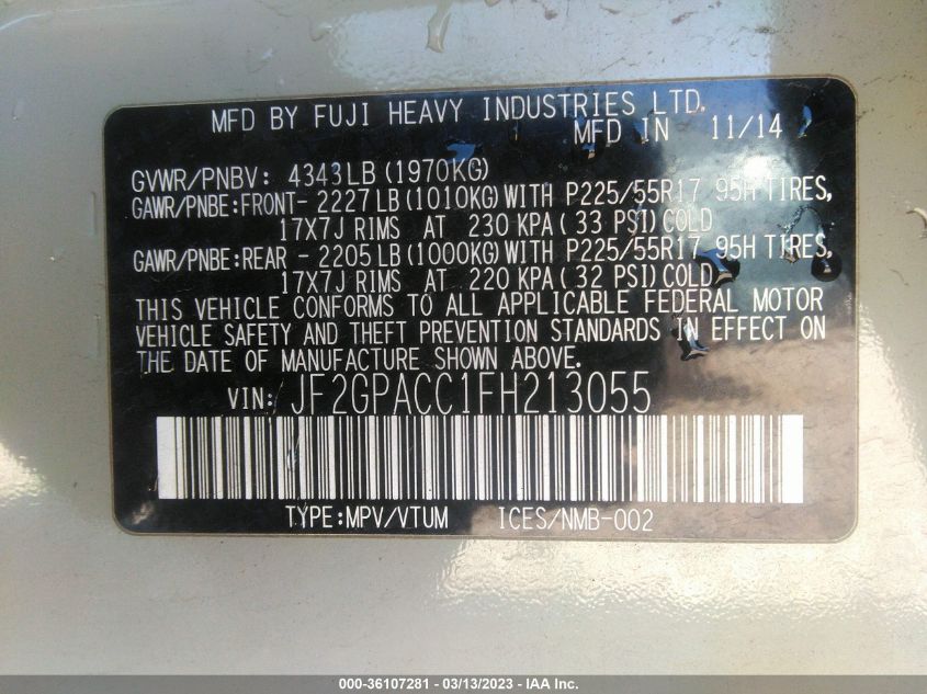 2015 SUBARU XV CROSSTREK PREMIUM - JF2GPACC1FH213055