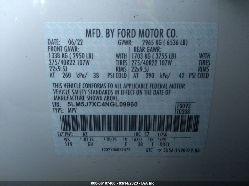 2022 LINCOLN AVIATOR RESERVE - 5LM5J7XC4NGL09960