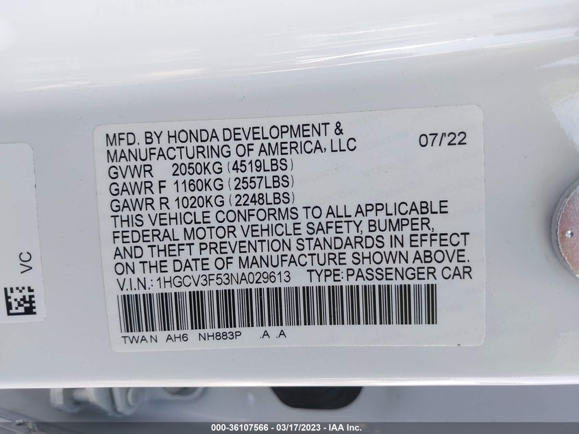 VIN 1HGCV3F53NA029613 2022 HONDA ACCORD HYBRID EX-L
