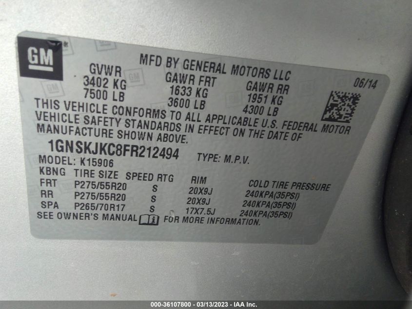 2015 CHEVROLET SUBURBAN LT - 1GNSKJKC8FR212494