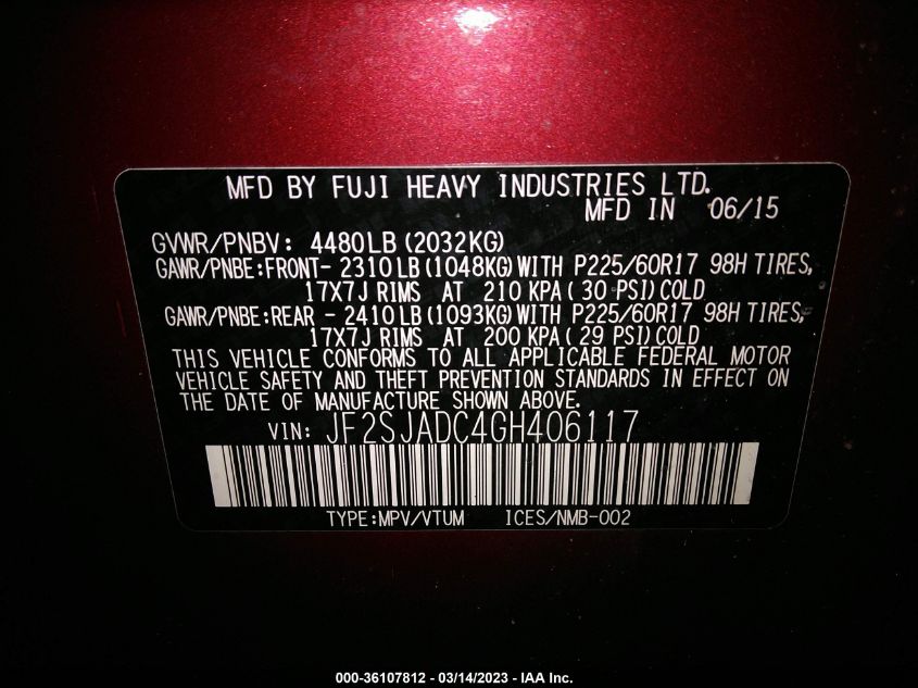 2016 SUBARU FORESTER 2.5I PREMIUM - JF2SJADC4GH406117