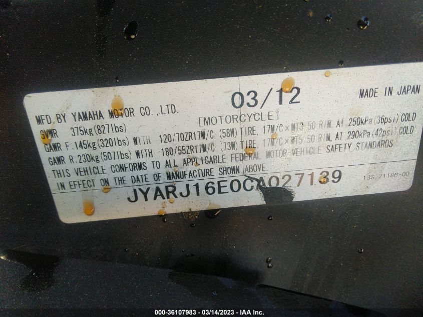 2012 YAMAHA YZFR6 JYARJ16E0CA027139