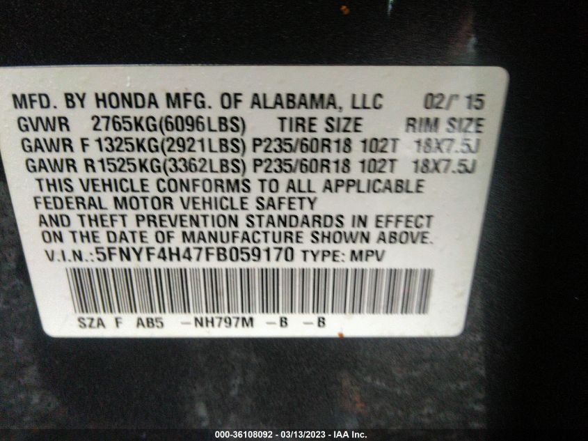 2015 HONDA PILOT EX - 5FNYF4H47FB059170